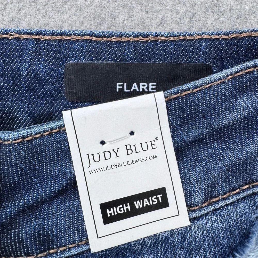 Judy Blue High Rise Control Top Distressed Flare Jeans Womens 1/25 Dark Blue NWT